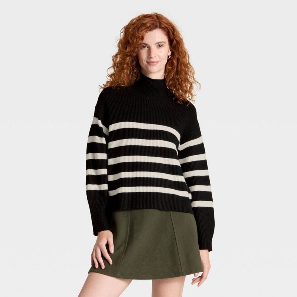 Women's Funnel Pullover Sweater - A New Day Black/Cream Striped M